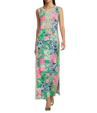 Edita Satin Back Crepe Party Punch Patch Floral Print Crew Neck Sleeveless Maxi Dress | Dillard's