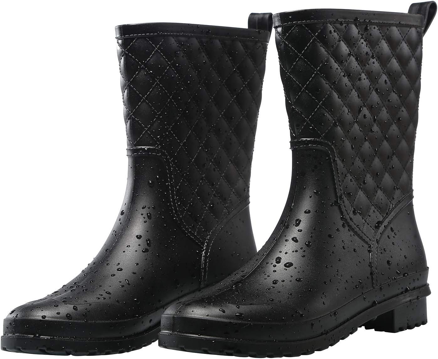 Petrass Women Rain Boots Black Waterproof Mid Calf Lightweight Cute Booties Fashion Out Work Comfortable Garden Shoes | Amazon (US)