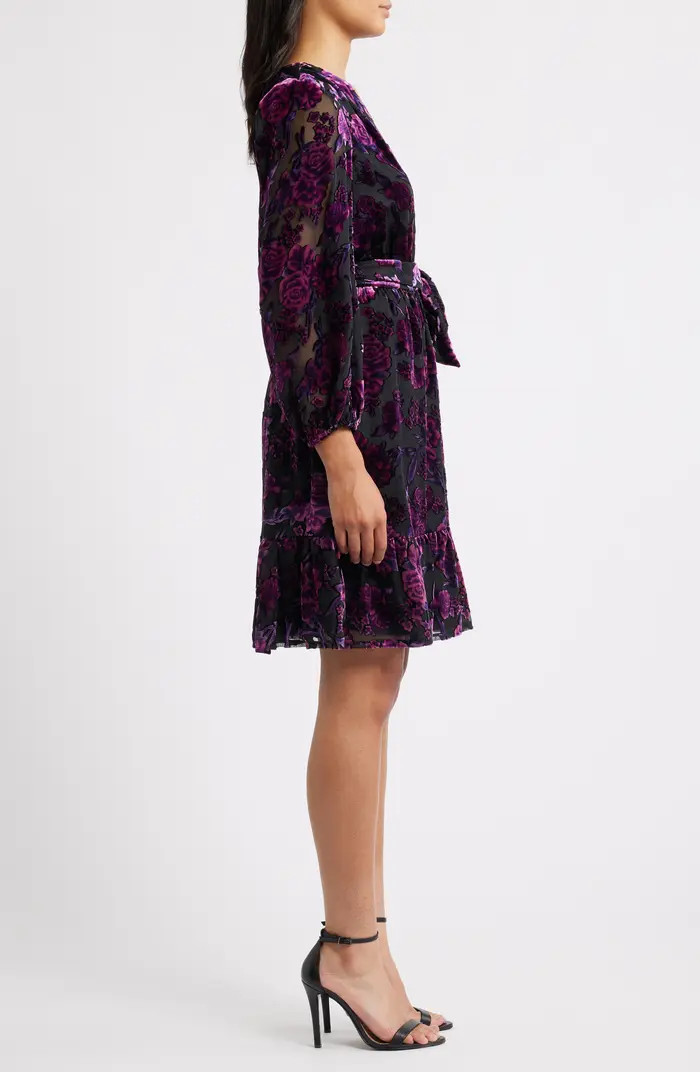 Eliza J Ruffle Floral Burnout Long Sleeve Fit & Flare Cocktail Dress | Nordstrom | Nordstrom