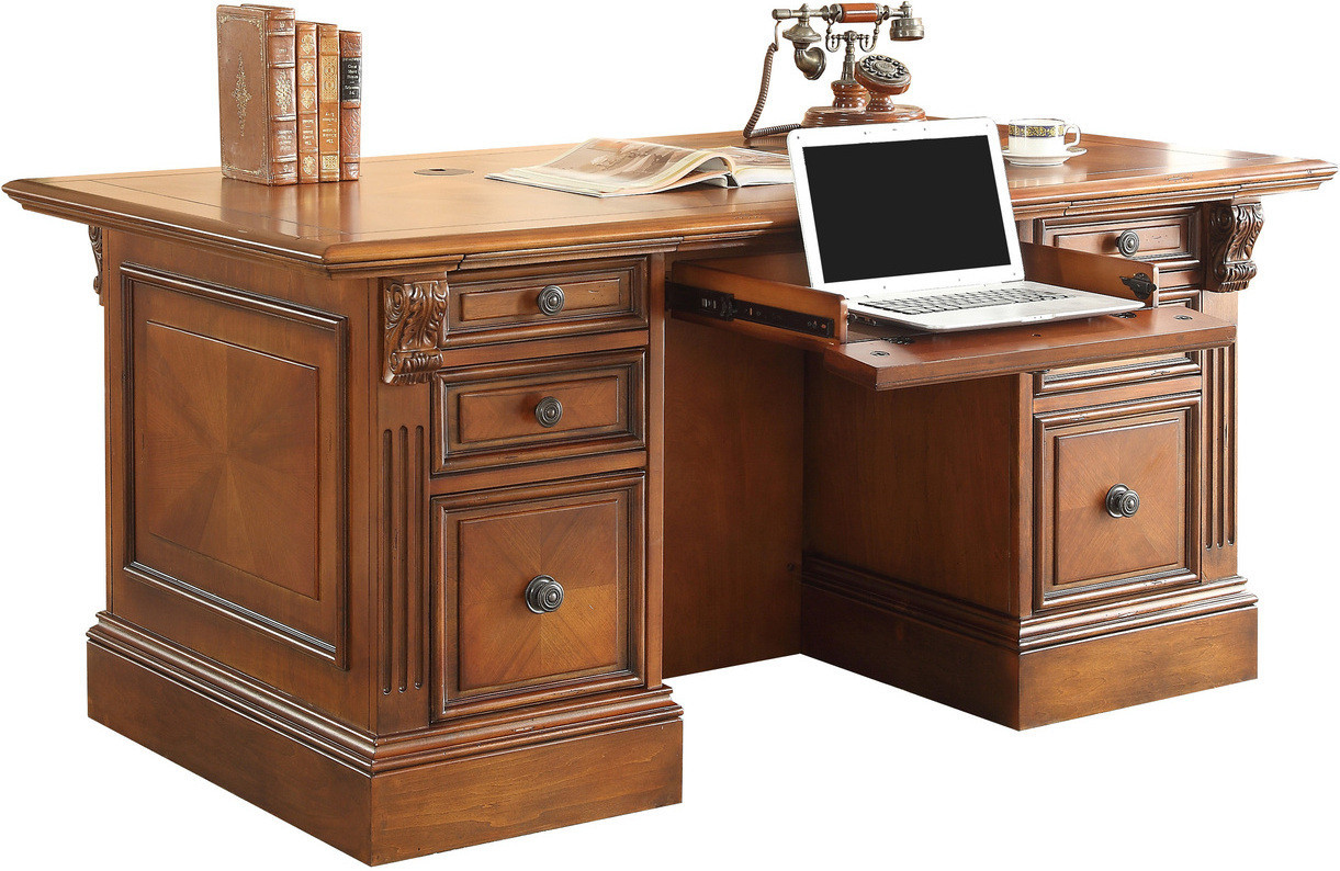 Huntington Double Pedestal Executive Desk In Antique Vintage Pecan | 1stopbedrooms