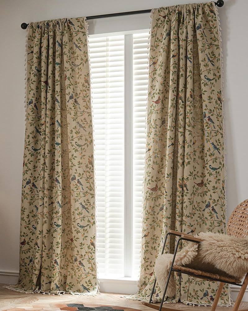 vctops Farmhouse Bird Curtains with Tassels 2 Panel Set Jacquard Semi Sheer Light Filtering Rod P... | Amazon (US)