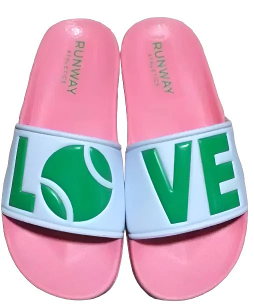 Tennis LOVE After Play Tennis Slides - Pink, Green & White | Runway Athletics