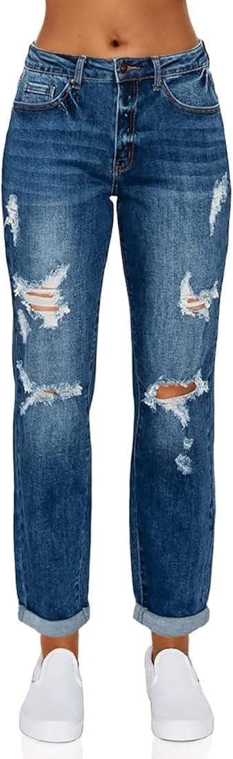 wax jean Women's Boyfriend Jeans with Destructed Blown Knee and Rolled Cuff | Amazon (US)