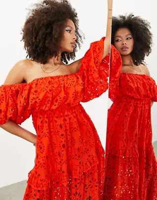 ASOS EDITION blouson off shoulder tiered eyelet midi dress in tomato red | ASOS (Global)