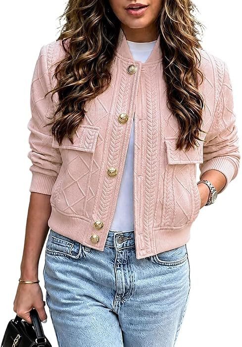 CHICME Womens Bomber Jacket Argyle Cable Knit | Amazon (US)
