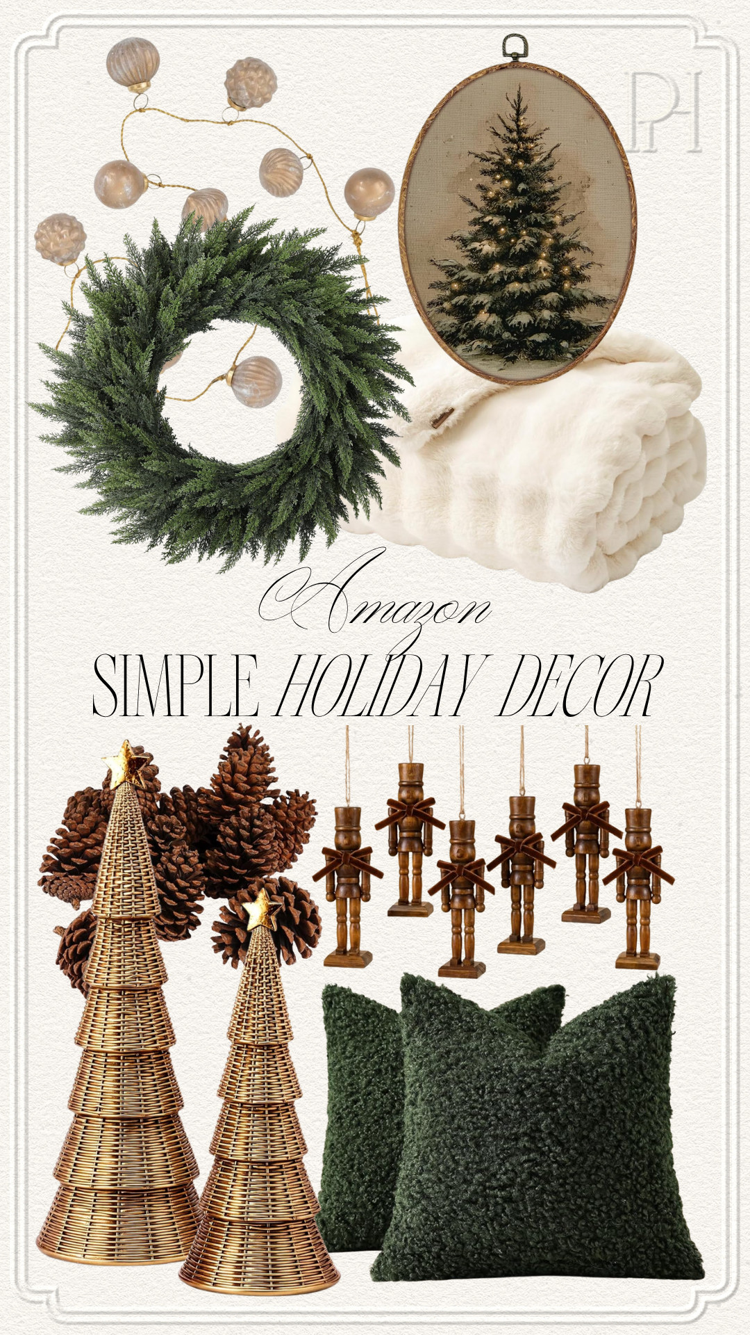 Simple holiday decor pieces for your home! All from Amazon!

holiday decor, holiday home, Christmas decor, Christmas trees, gold tree, green throw pillows, boucle throw pillows, cedar wreath, holiday wreath, ornament garland, faux fur throw blanket, holiday wall art, nutcracker ornaments, Christmas ornaments, pine cones, bowl filler 

 #LTKSeasonal #LTKHome