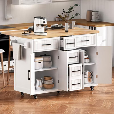 Kitchen Island with Drop Leaf, Rolling Kitchen Cart on Wheels with Doors, Drawers and Power Outlet for Dining Room, White | Target