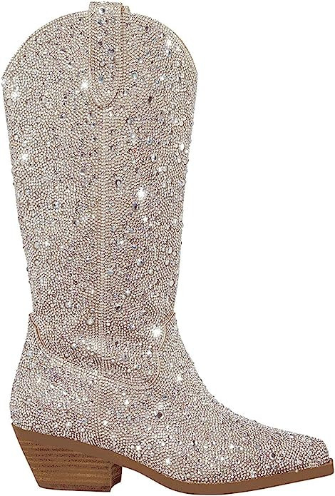 Atuelang Women's Rhinestone Cowboy Boots Sparkly Knee High Boots Fashion Pointed Toe Block Heel M... | Amazon (US)