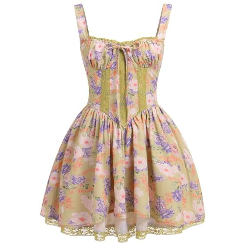 ABEHIK Women Summer Dresses Floral Mini Boho Corset Dress Sexy Spaghetti Straps Low Cut Lace Short Bustier Dress Ruffle Flowy Going Out Wedding Guest Party A Line Casual Sundress Yellow XL | Amazon (US)