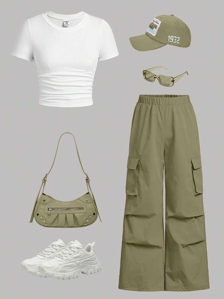 SHEIN EZwear 2pcs Women's Summer Solid Color Crew Neck Tight Fit Short Sleeve T-Shirt And Cargo Pants Set | SHEIN