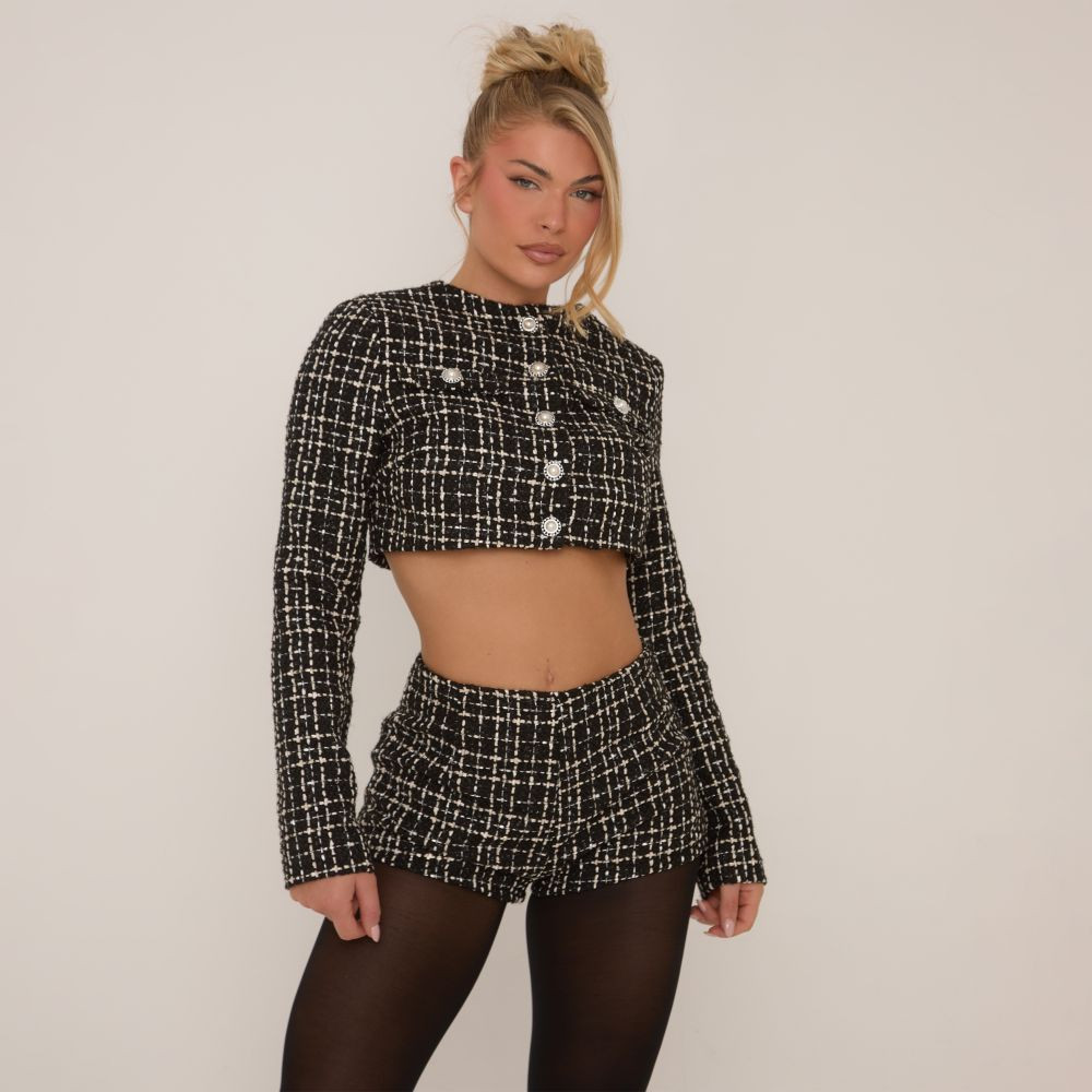 Pearl Button Cropped Jacket In Black Tweed | EGO Shoes (US & Canada)