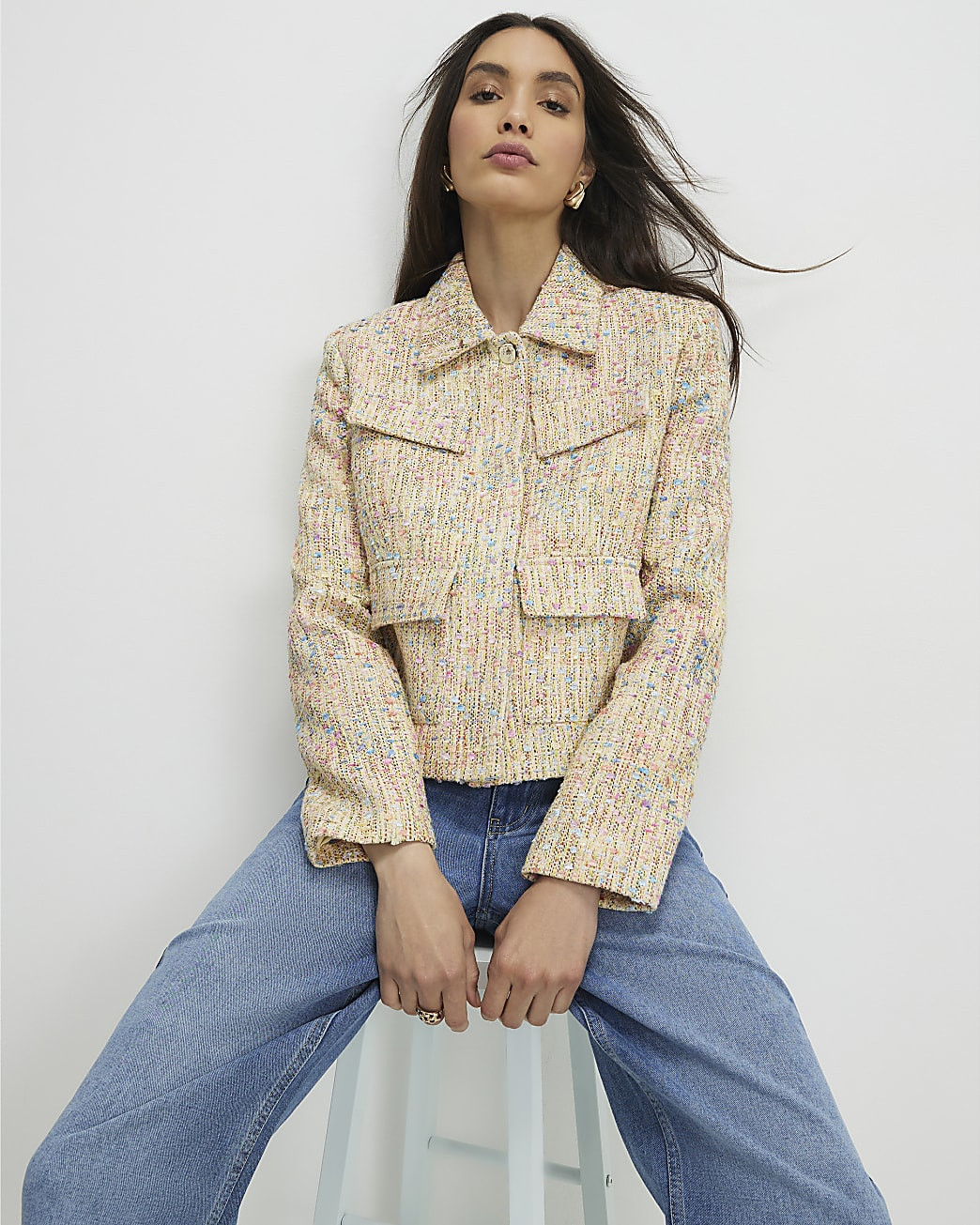 Yellow Boucle Pocket Jacket | River Island UK & IE