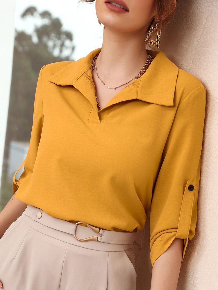 Roll-up Sleeve Solid Blouse | SHEIN