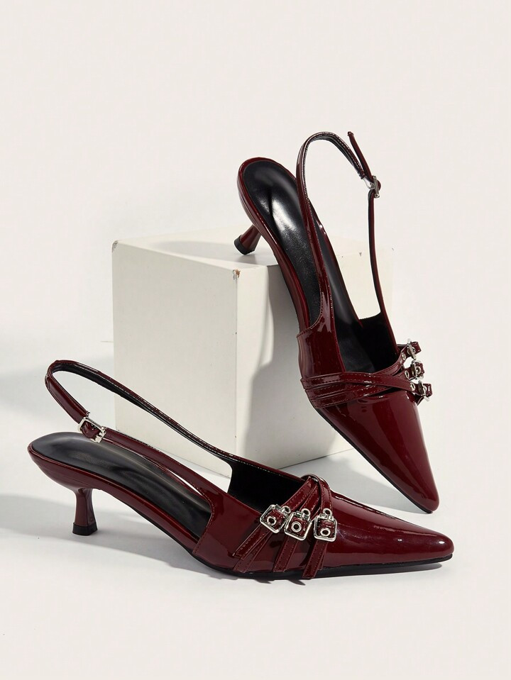 Wedding Party Sexy Burgundy Patent Leather Pointed Toe Metal Buckle Strap Stiletto High Heels | SHEIN