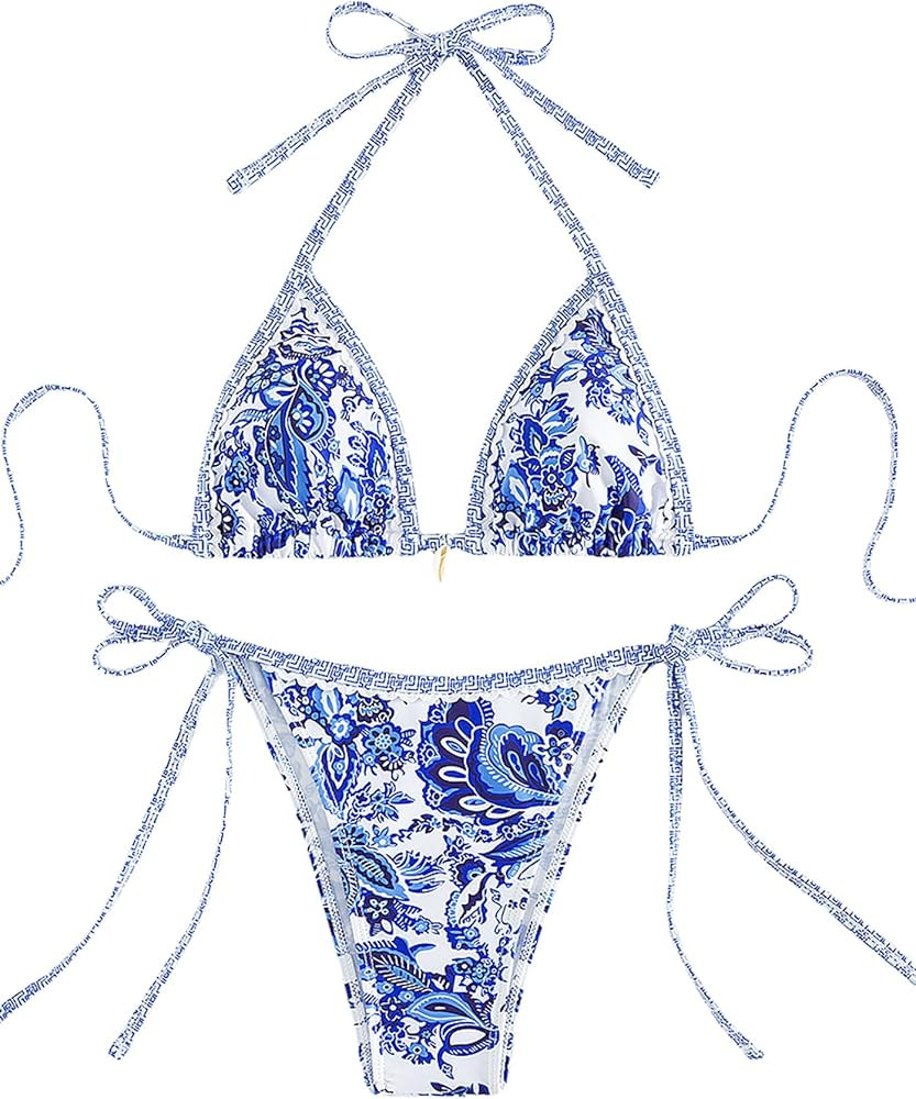 Amazon.com: Tainehs Women's Sexy Halter Bikini Set Triangle Top Thong Bikini Swimsuits Cheeky Two... | Amazon (US)