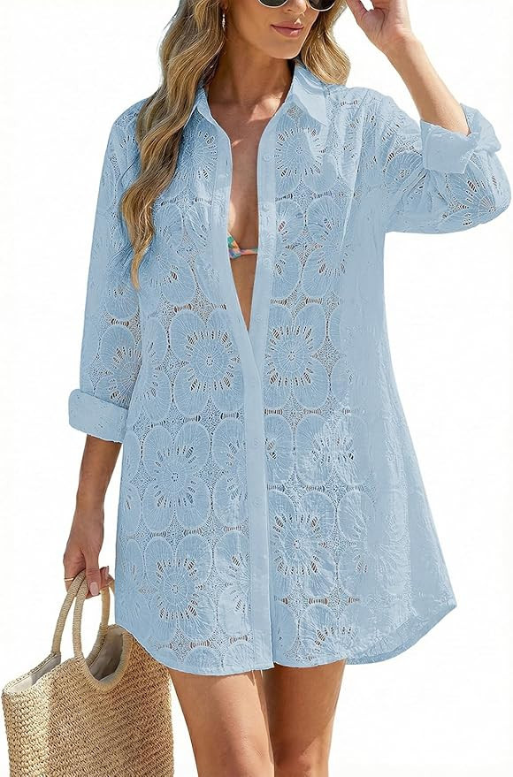CiCiBird Women Swimsuit Coverup Blouse Eyelet Bathing Suit Cover Up Button Down Shirtdress Long S... | Amazon (US)