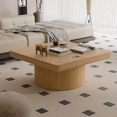 Square Coffee Table Mid-Century Modern Coffee Table Center Table with Parquet Pattern & Cylindrical Base, Natural - ModernLuxe | Target