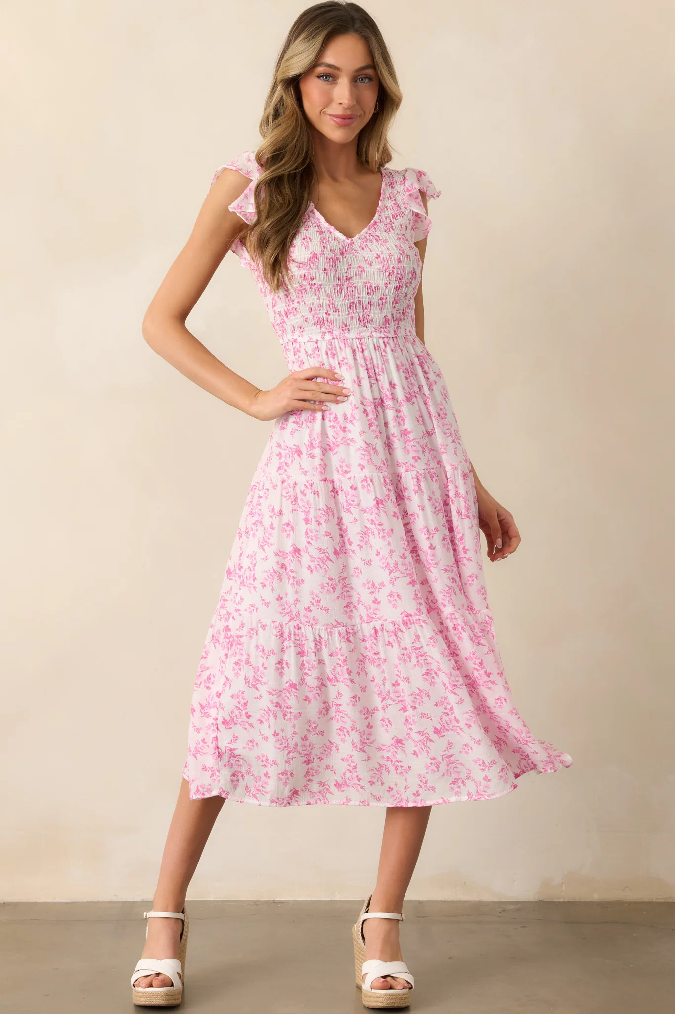 When In Rome Pink Floral Smocked Flutter Sleeve Midi Dress | Red Dress