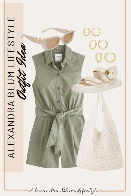 Casual green utility romper from Amazon is a perfect casual spring outfit and perfect travel vacation outfit to somewhere sunny! These Velcro strap sandals would be comfy to walk in and are from Amazon along with these other accessories: designer look a like sunglasses, huggie hoop earrings, and white casual bag! 

#LTKshoecrush #LTKfindsunder100 #LTKfindsunder50