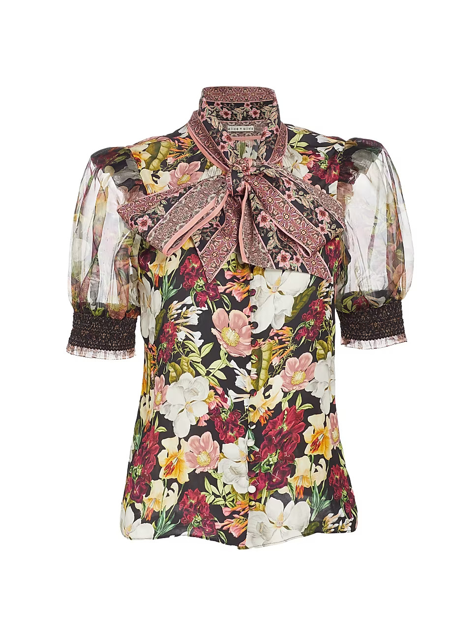 Alice + Olivia Brently Floral Tie-Neck Puff-Sleeve Top | Saks Fifth Avenue