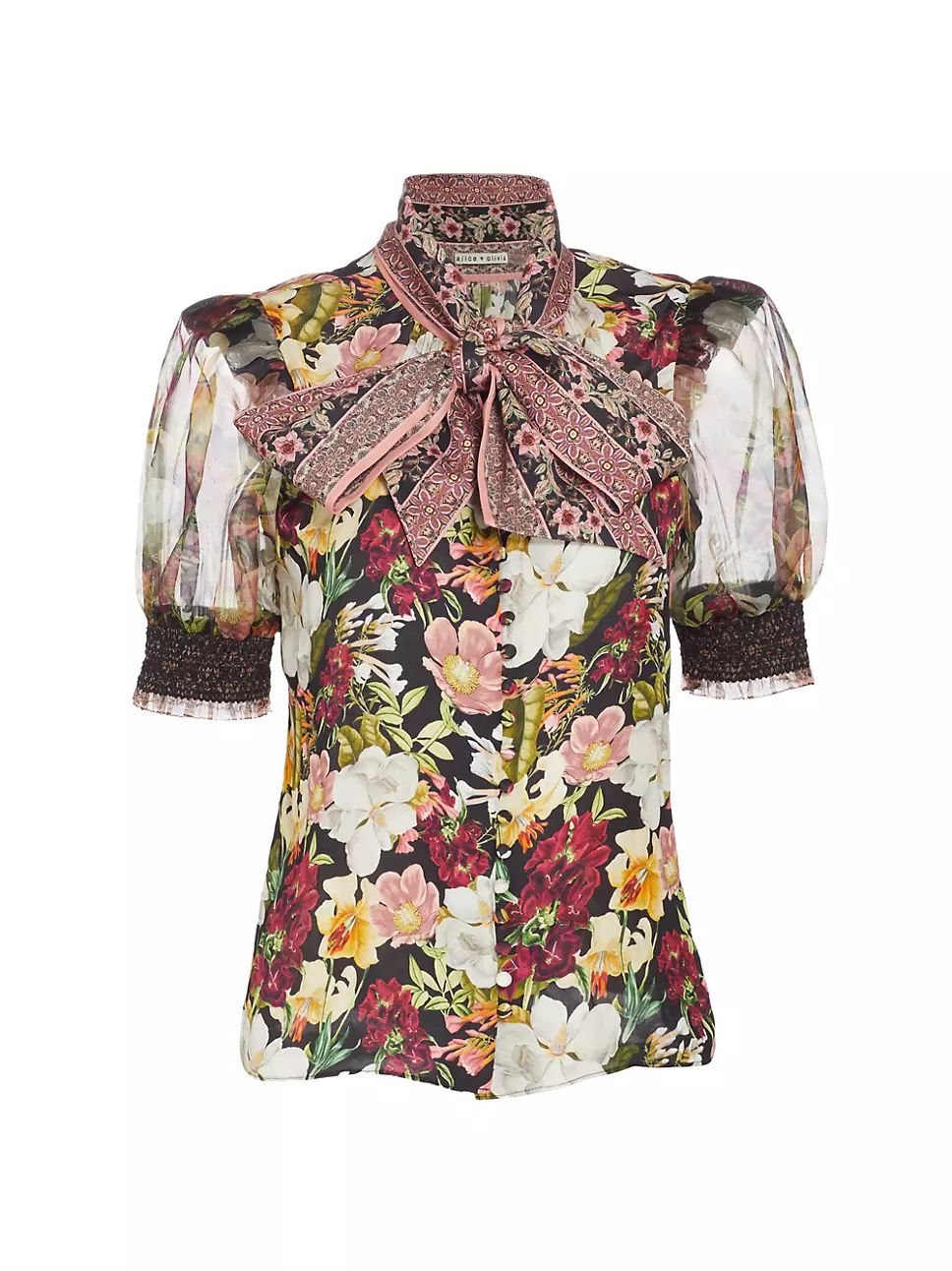 Alice + Olivia Brently Floral Tie-Neck Puff-Sleeve Top | Saks Fifth Avenue