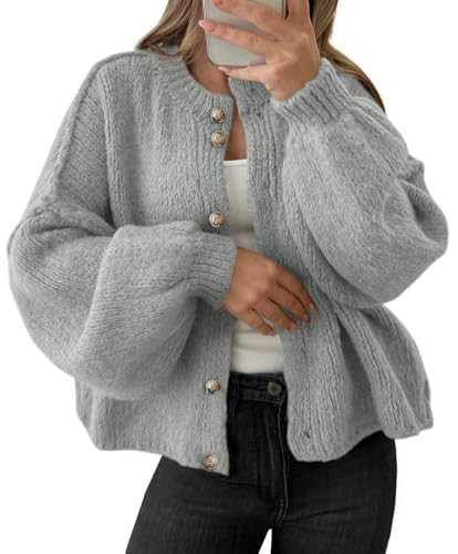 Saodimallsu Womens Oversized Cardigans Button Up Long Lantern Sleeve Chunky Knit Casual Soft Fall Sweater Coats Gray | Amazon (US)