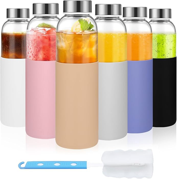 18 oz Clear Glass Juice Bottles with Lids and Silicone Sleeve, Reusable Glass Water Bottles with ... | Amazon (US)