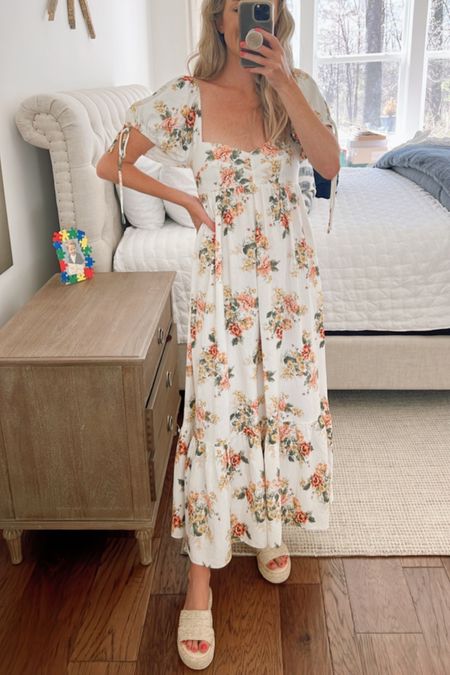 White floral maxi dress would be perfect for Easter, a baby shower, bridal shower, vacation dress, or a maternity shoot dress! Definitely lots of room in the belly and bump friendly for any pregnant mamas this summer! 

#LTKunder100 #LTKbump
