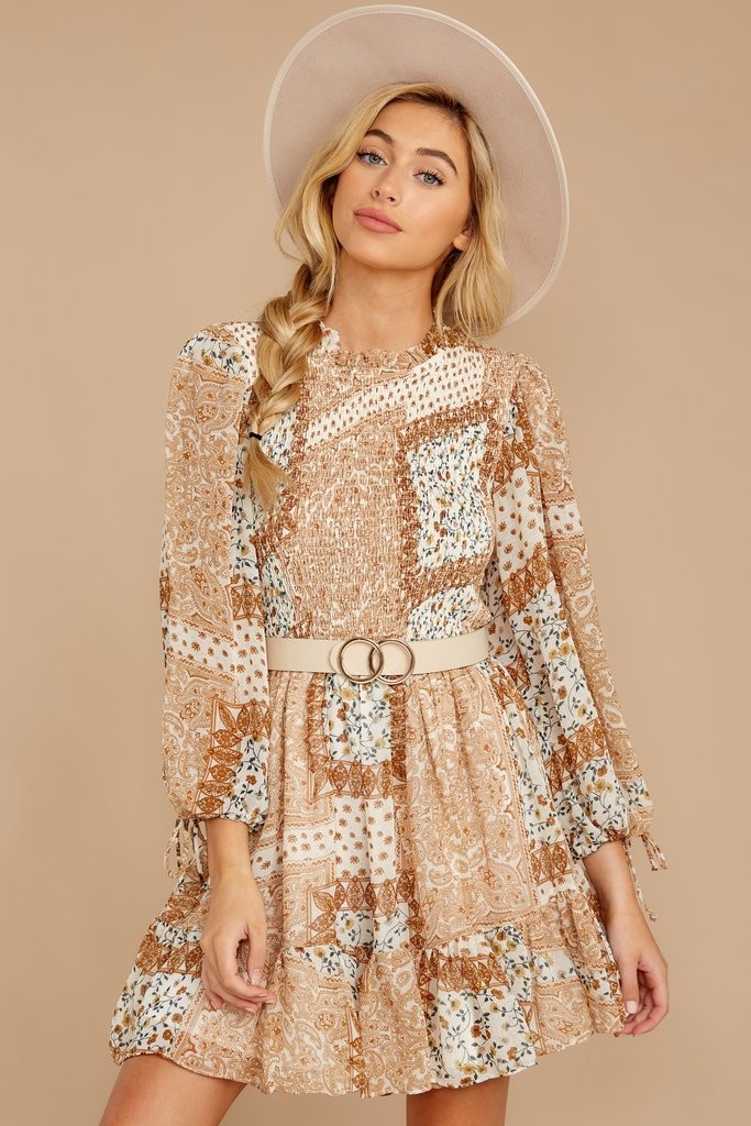 Flirting With Desire Tan Print Dress | Red Dress 