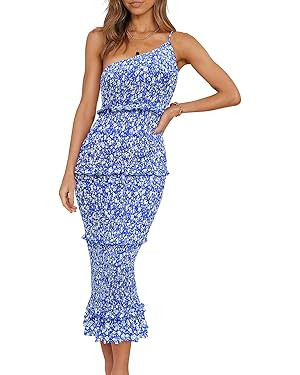 PRETTYGARDEN Women's Summer Midi Bodycon Dresses One Shoulder Strappy Tiered Ruffle Floral Boho S... | Amazon (US)