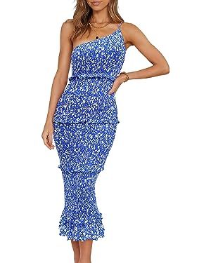 PRETTYGARDEN Women's Summer Midi Bodycon Dresses One Shoulder Strappy Tiered Ruffle Floral Boho S... | Amazon (US)