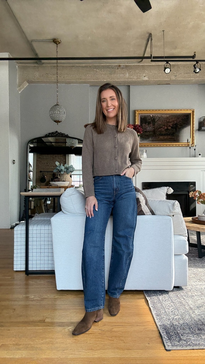 Target Tuesday fall fashion haul! Brown button down cardigan and dark wash barrel jean with brown suede bootie. Teacher outfit. Preppy outfit. 

#LTKFindsUnder50 #LTKOver40 #LTKSaleAlert