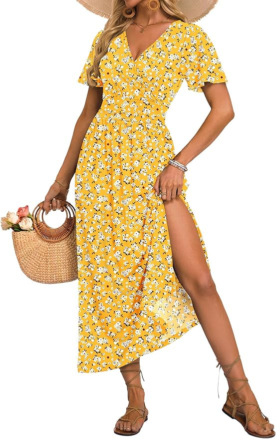 AUSELILY Women's Floral Maxi Dress V Neck Short Flutter Sleeve Beach Vacation Boho Slit Summer Dr... | Amazon (US)