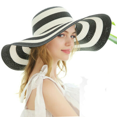 Striped Straw Hat Wide Large Brim Women UV Protection Summer Beach Sun Hat Cap | eBay | eBay US