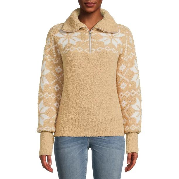 Time and Tru Women's Quarter Zip Snowflake Sweater - Walmart.com | Walmart (US)