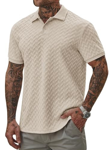 VOGSTART Man Textured Polo Fashion Polos Classic Poloshirt Retro Short Sleeve Polyester Lightweight Basic Shirt Beige XL | Amazon (US)