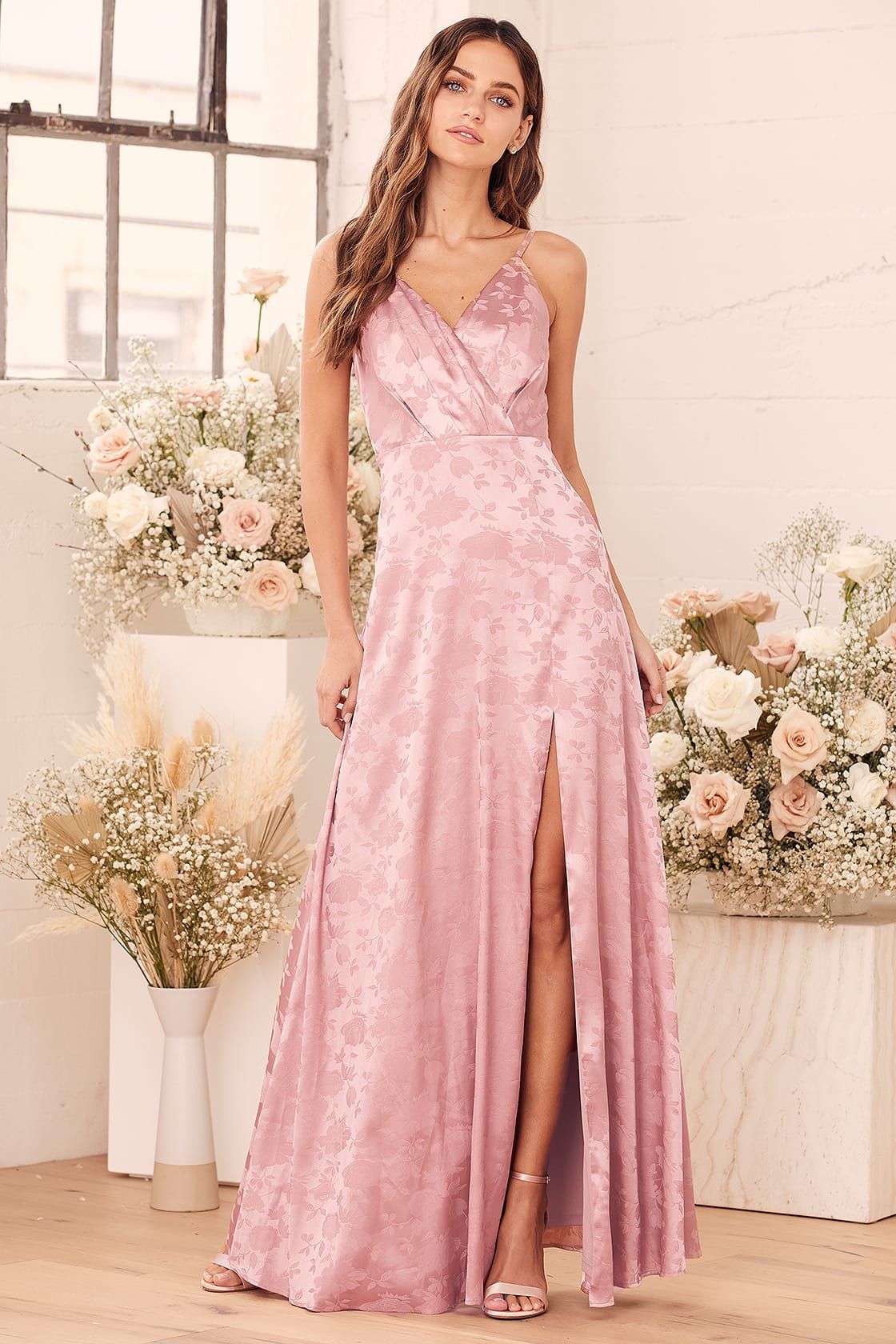 Radiant Refinement Dusty Rose Satin Jacquard Maxi Dress | Lulus (US)