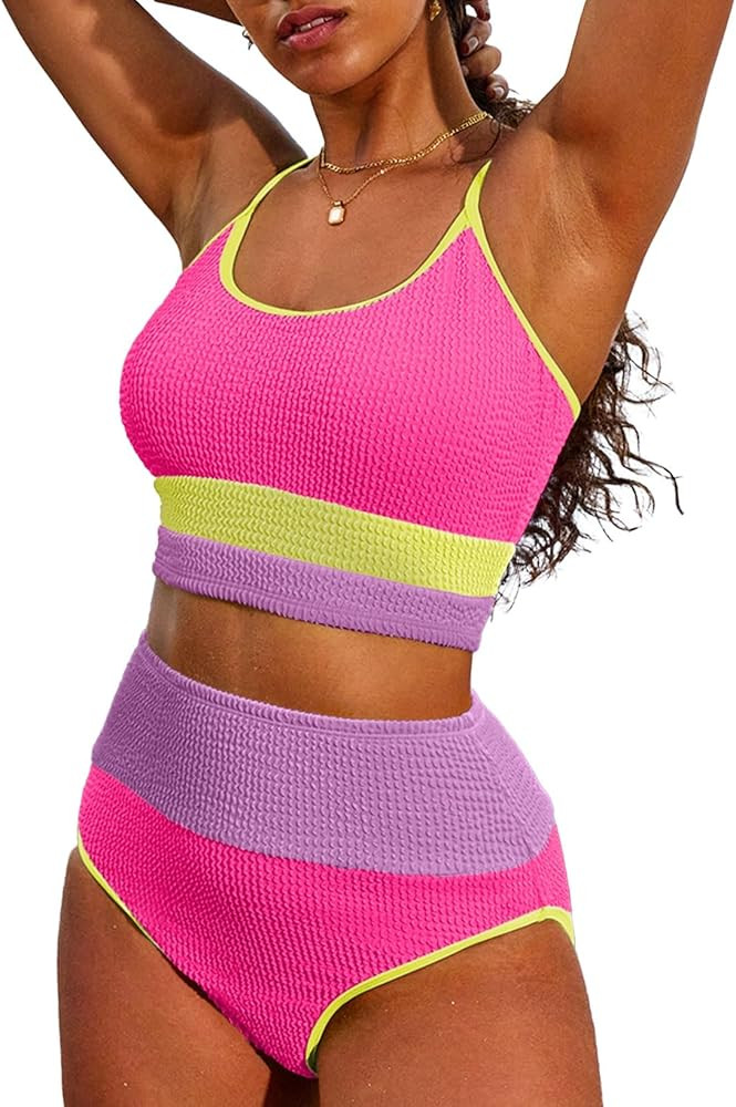 Herseas Women 2 Piece Bikini Set High Waisted Color Block Swimsuit 2025 Summer Beach Scrunch Ribb... | Amazon (US)