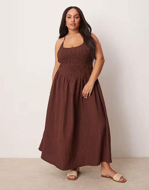 ASOS DESIGN Curve scoop neck crinkle maxi dress with cross back in chocolate | ASOS (Global)