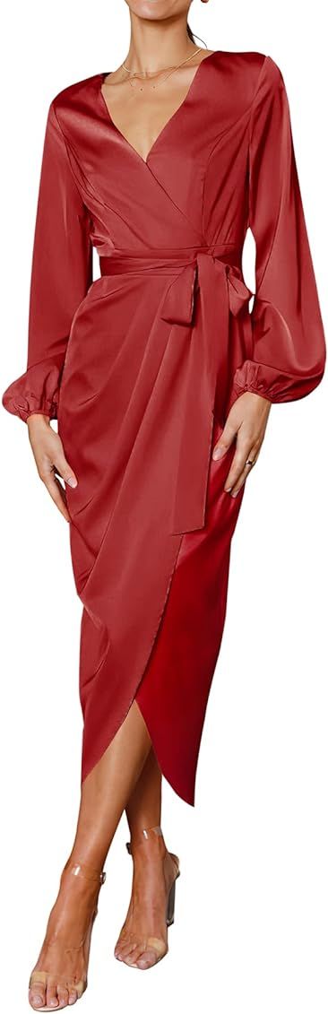 PRETTYGARDEN Women's Maxi Satin Puff Sleeve Wrap V Neck Ruched Belted Long Formal Cocktail Dresses | Amazon (US)