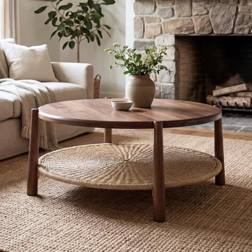 Round Coffee Table with Woven Storage Shelf, Mid-Century Modern 2-Tier Wood Center Table, Boho Co... | Amazon (US)
