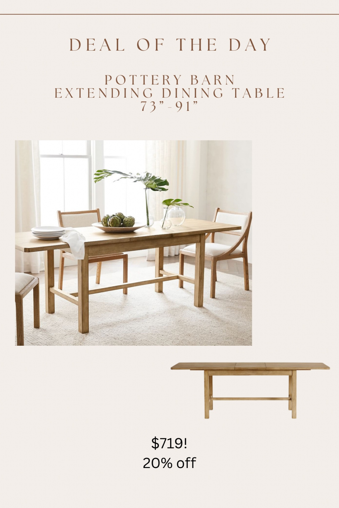 Great price for this pottery barn extending dining table!! 20% off! Better pricing than similar items on Wayfair with this sale!

73” unextended & 91” when extended 🙌🏻
*in the lighter “salvaged natural color only*

#LTKsalealert #LTKhome
