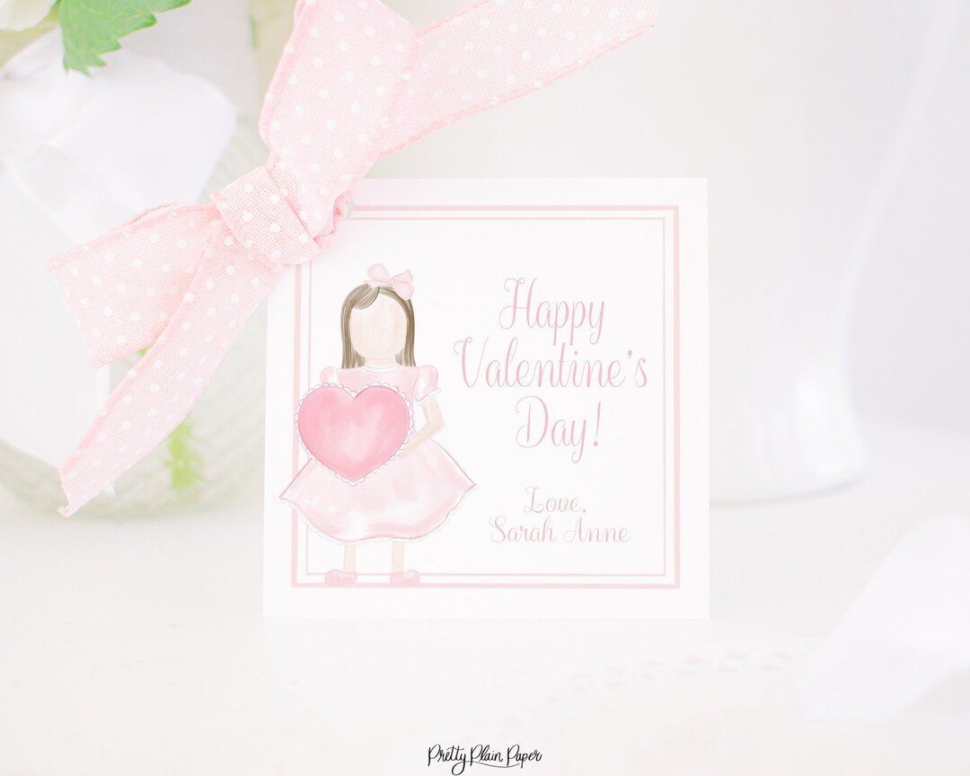 Little Girl With Brunette Hair Valentine Tag | Valentine's Day Tag | Watercolor Printable Downloa... | Etsy (US)