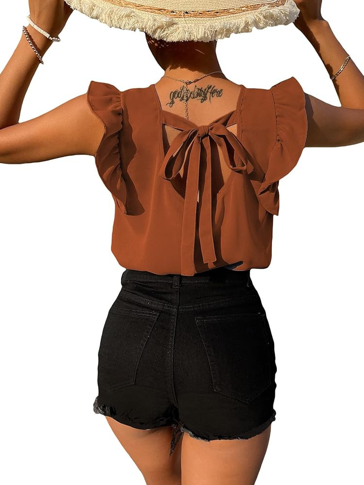 Romwe Women's Summer Casual Tie Back V Neck Cap Sleeve Solid Blouses Ruffle Loose Tunic Tops Brow... | Amazon (US)