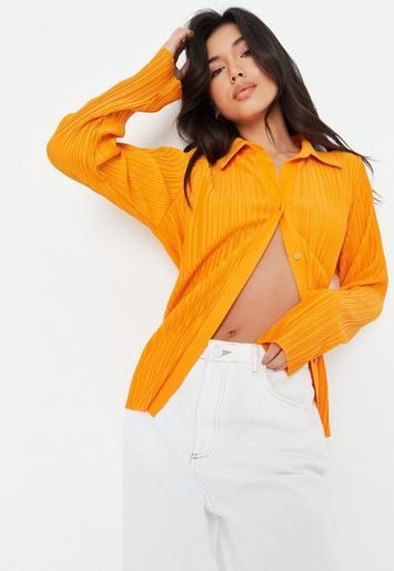 Missguided - Orange Co Ord Plisse Longline Oversized Shirt | Missguided (UK & IE)