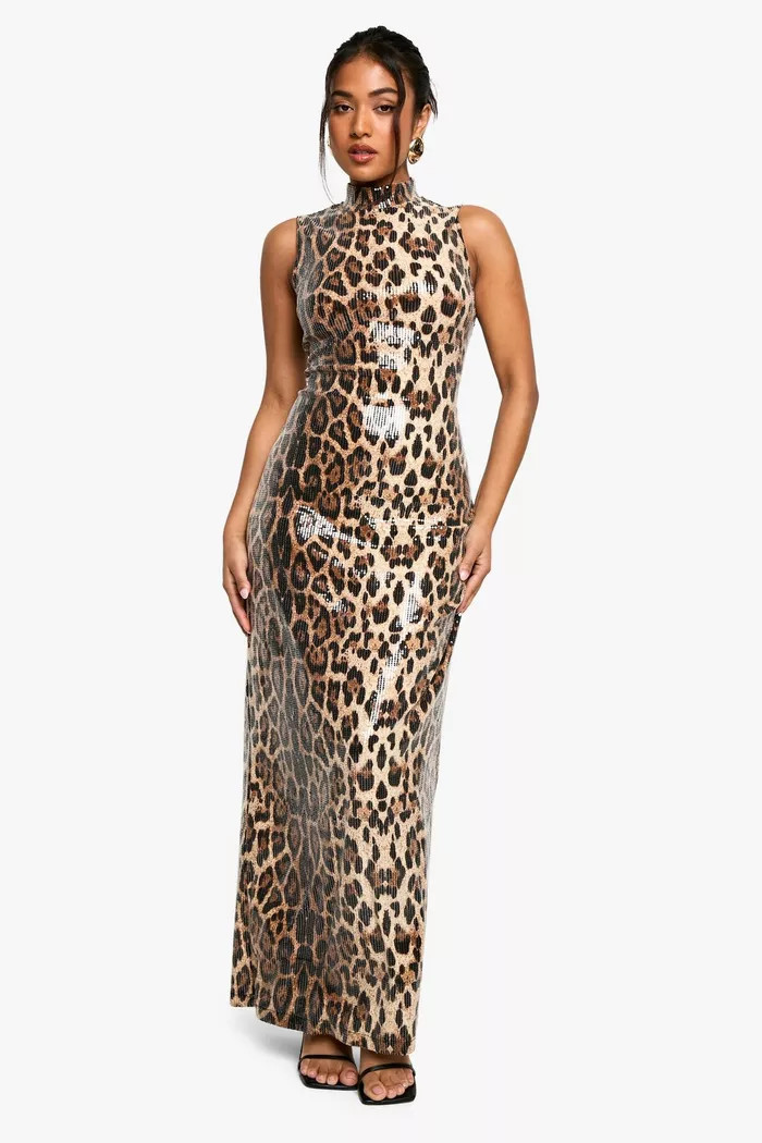 Petite Leopard Sequin Racer Neck Maxi Dress | boohoo (US & Canada)
