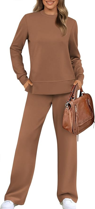 UEU Women's 2 Piece Lounge Sets Long Sleeve Sweatsuits Casual Travel Outfits Fashion Loungewear T... | Amazon (US)