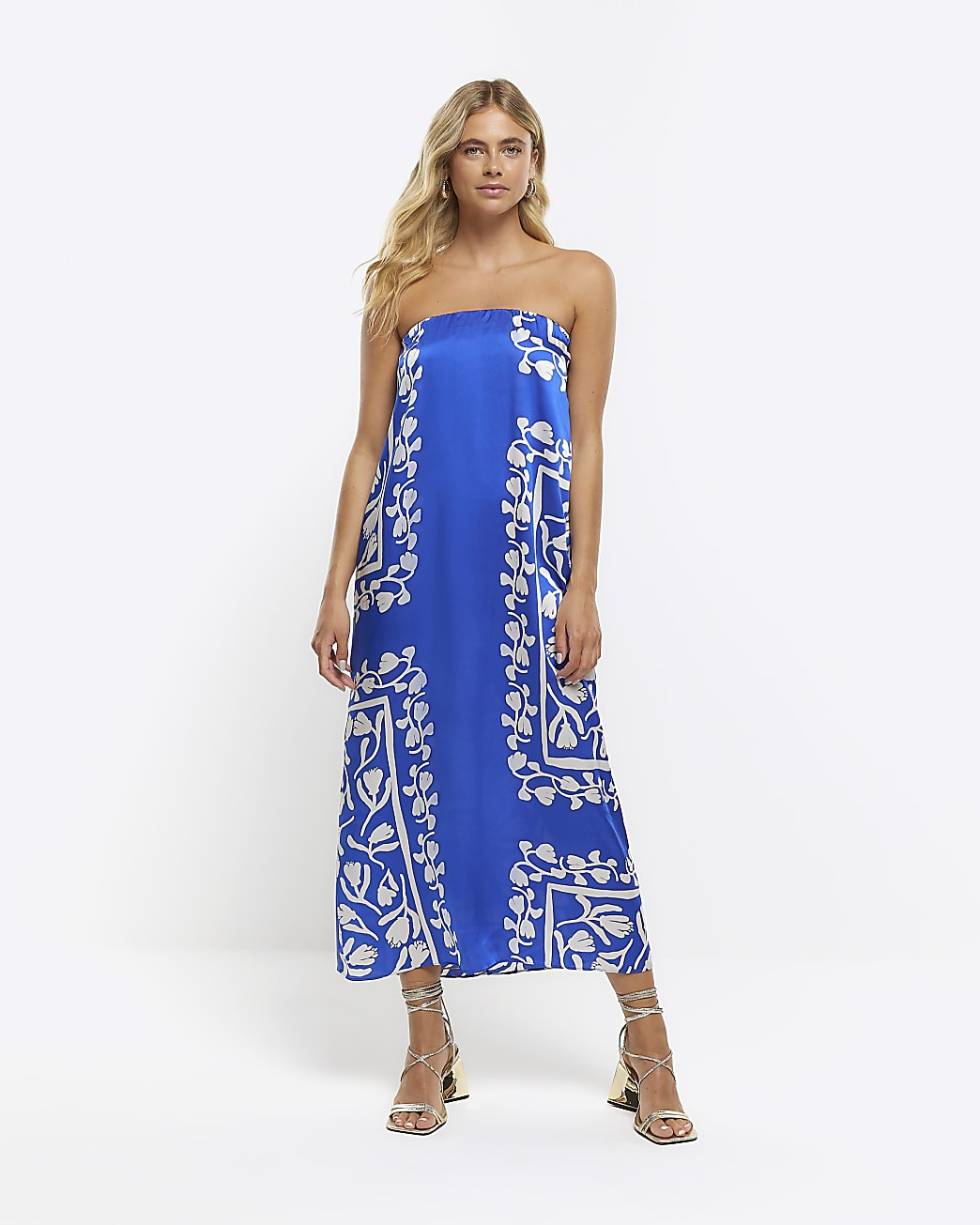 Blue satin floral bandeau slip midi dress | River Island (UK & IE)