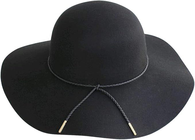 Lanzom Women Lady Retro Wide Brim Large Floppy Panama Hat Belt Wool Fedora Hat (A-Black, One Size... | Amazon (US)