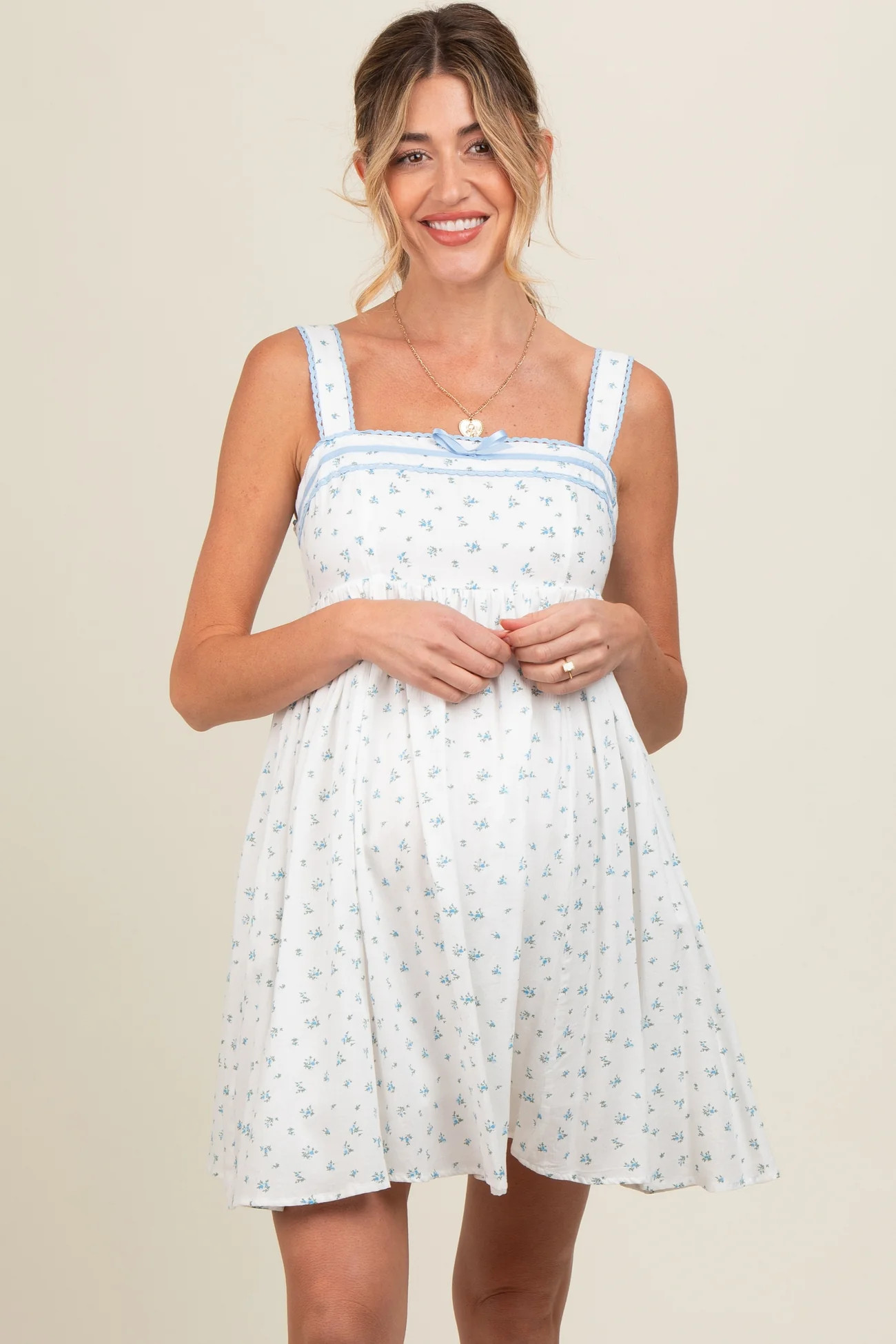 Blue Floral Bow Detail Maternity Mini Dress | PinkBlush Maternity